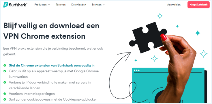 Surfshark-pagina met informatie over Chrome-extensie