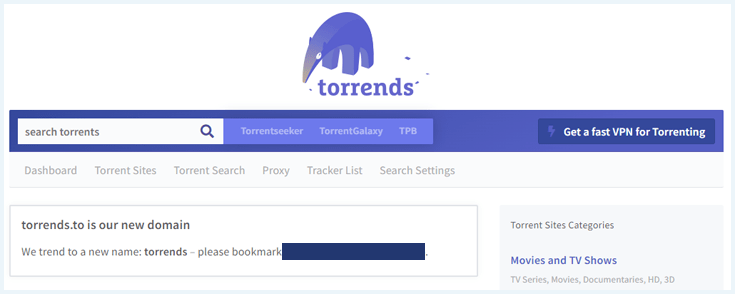 Homepage van Torrends met zoekbalk