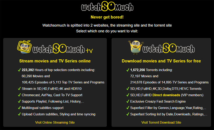 Homepage van WatchSoMuch met de keuze tussen streamen of downloaden