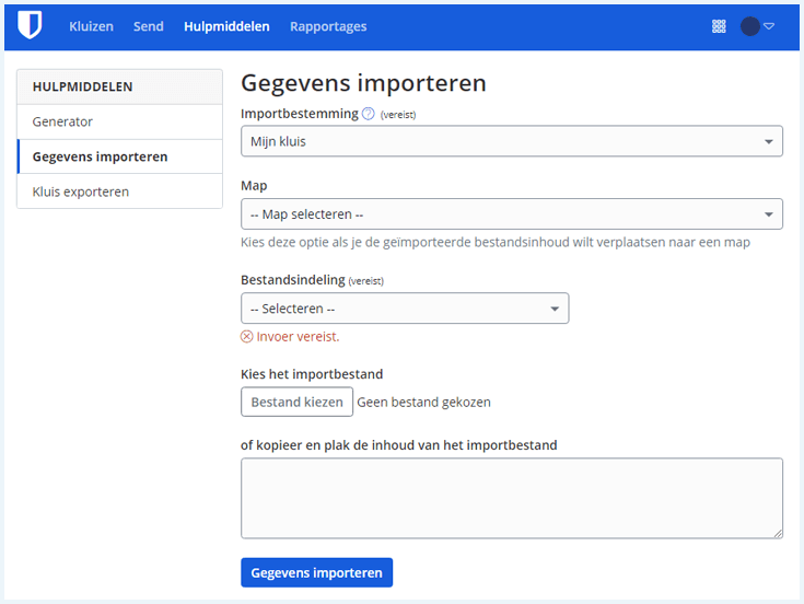 Menu van Bitwarden in de Windows-app om gegevens te importeren