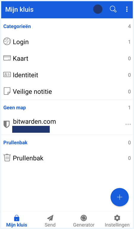 Homepage van de mobiele app voor Android van Bitwarden