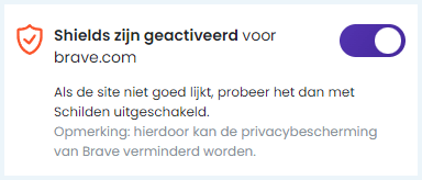 Deel van het menu van Brave waarin aangegeven is dat Shields ingeschakeld is. Met een toggle kun je Shields eventueel uitzetten.