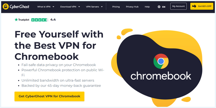 CyberGhost-pagina met informatie over bescherming op Chromebook