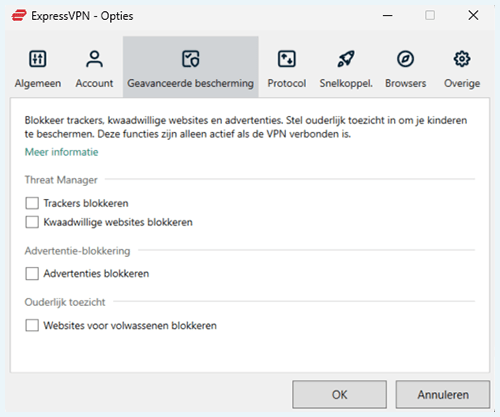 Screenshot van het menu Geavanceerde bescherming in de ExpressVPN-app
