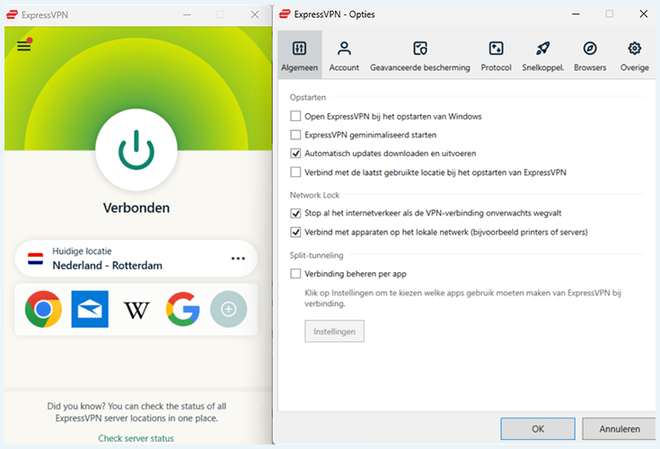 Screenshot van de ExpressVPN-app die is verbonden met een Nederlandse server met daarnaast het menu Algemeen