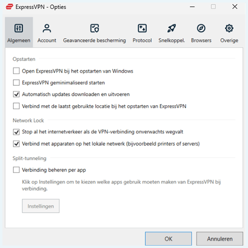 Screenshot van het menu Algemeen onder Opties in de ExpressVPN-app