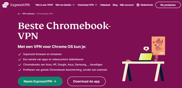 ExpressVPN-pagina met informatie over bescherming op Chromebook