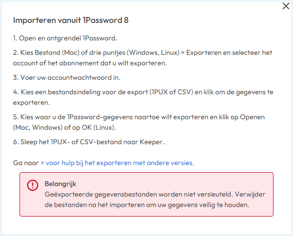 Instructies voor het importeren van wachtwoorden naar Keeper vanuit 1PassWord