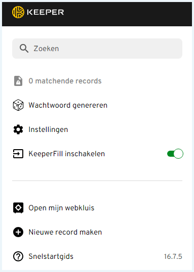 Menu van de Keeper wachtwoordmanager browserextensie