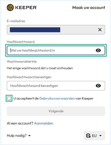Scherm om het hoofdwachtwoord van Keeper wachtwoordmanager in te stellen