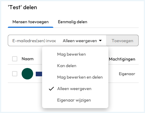 Scherm waarin je wachtwoorden vanuit Keeper wachtwoordmanager kan delen met verschillende rechten (mag bewerken, kan delen, mag bewerken en delen, alleen weergeven, eigenaar wijzigen)