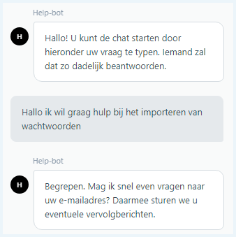 Screenshot van het gesprek met de chatbot van Keeper Security