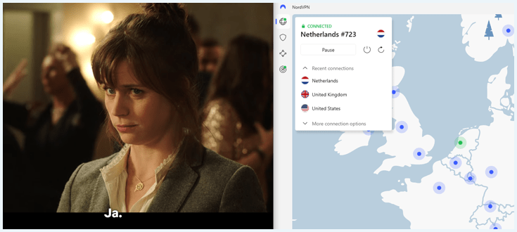Screenshot uit de Netflix-film 'Wat is dan liefde' met de NordVPN app ernaast