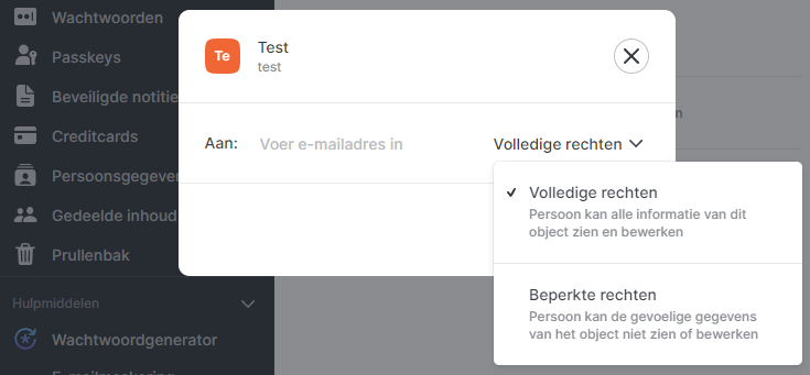 Pop-up in de NordPass app om wachtwoorden beveiligd te delen met een andere NordPass-gebruiker