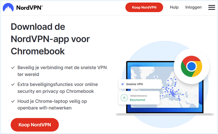 NordVPN-pagina met informatie over bescherming op Chromebook