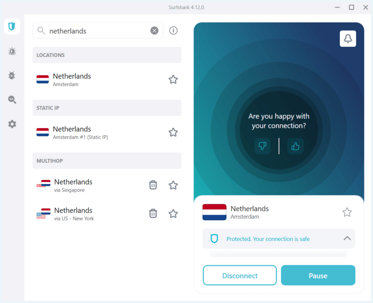 Surfshark VPN app verbonden met een Nederlandse server