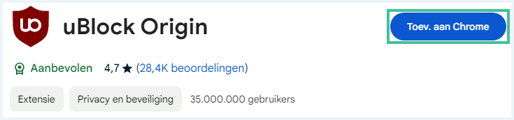 Screenshot van de uBlock-extensie voor Chrome met button om de extensie toe te voegen