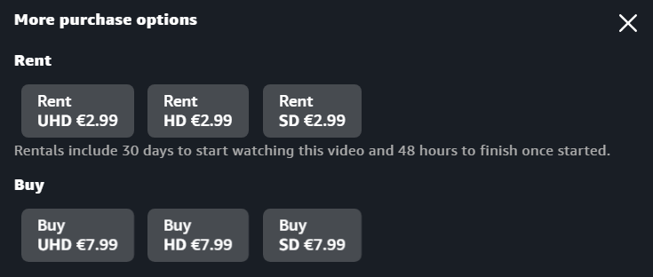 Overzicht van de prijzen van huur of koop bij Amazon Prime Video