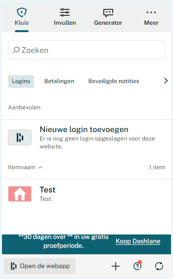 Screenshot van de browsextensie van Dashlane met digitale kluis