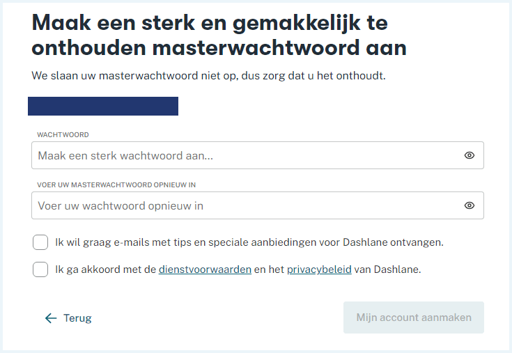 Scherm van Dashlane met de mogelijkheid om een masterwachtwoord aan te maken.