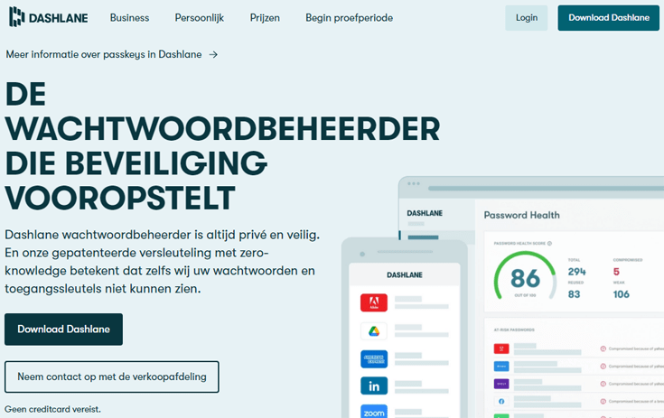Hompeage Dashlane in februari 2024