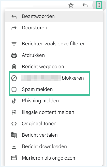 Menu om spam te melden bij Gmail met de opties 'afzender blokkeren' en 'spam melden' uitgelicht