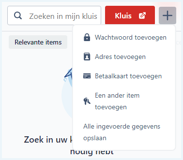 Screenshot van de browser-extensie van LastPass met menu om een item toe te voegen