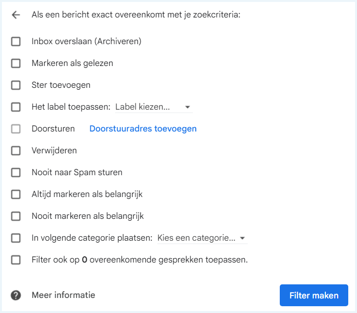 Screenshot van de acties die je toe kan wijzen bij de mailfilter van Gmail