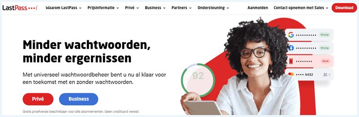 Homepage LastPass met keuze tussen privé en business