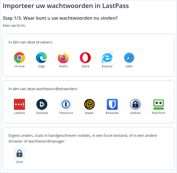 Screenshot van LastPass met stappenplan om wachtwoorden te importeren