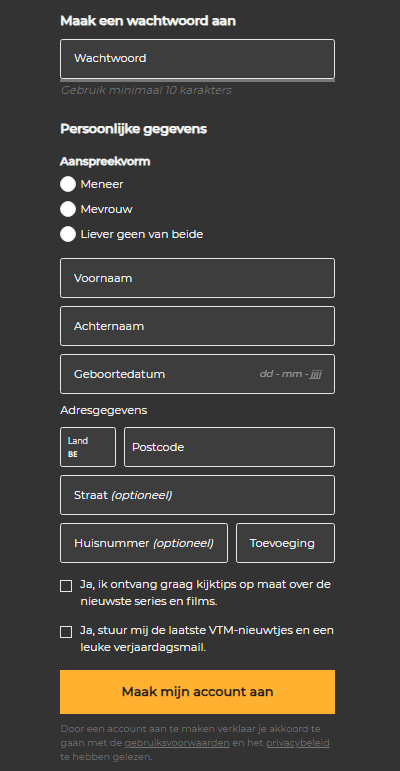 Scherm van VTM GO waar je gegevens in kan vullen