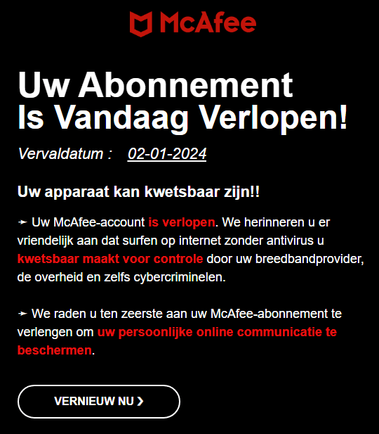 Spammail, zogenaamd afkomstig van McAfee met de mededeling dat het abonnement is verlopen