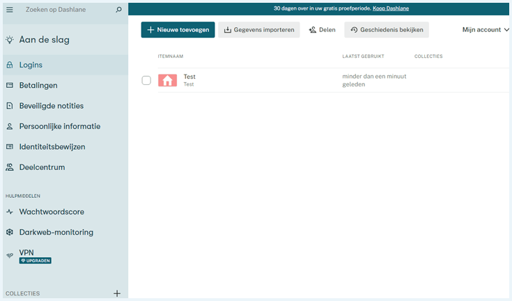 Screenshot van de web-app van Dashlane met de digitale kluis