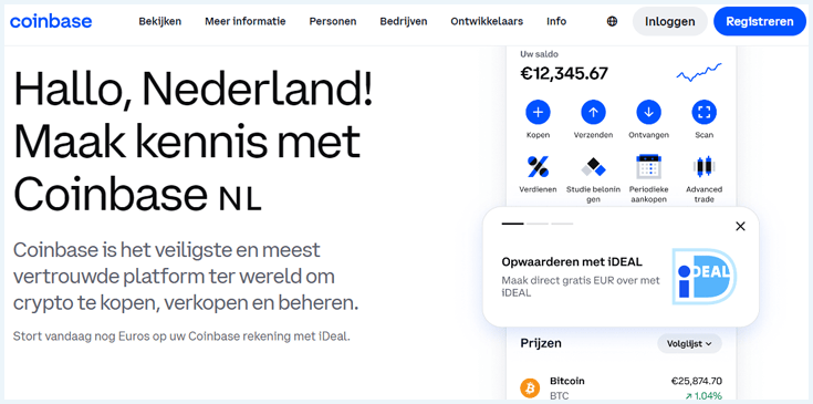 Homepage van Coinbase