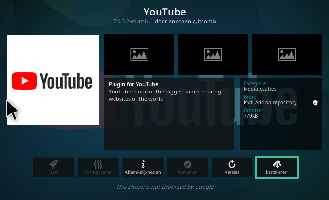 Scherm van Kodi met de YouTube add on. Uitgelicht is de optie 'installeren'.