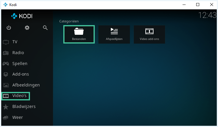Kodi hoofdmenu met op de opties 'video's' en 'bestanden' uitgelicht.