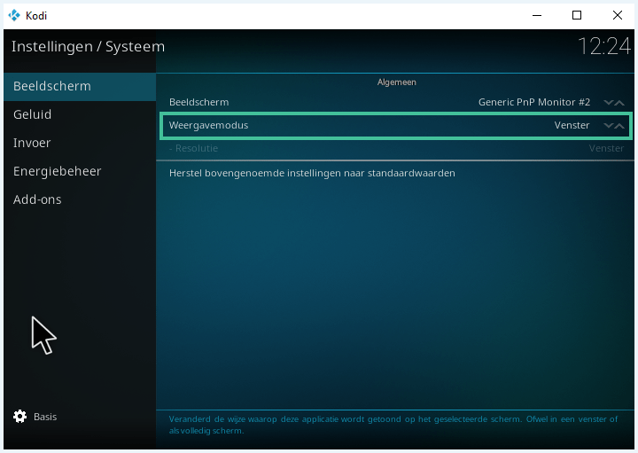 Kodi-menu met de systeeminstellingen voor het beeldscherm. 'Weergavemodus' is uitgelicht.