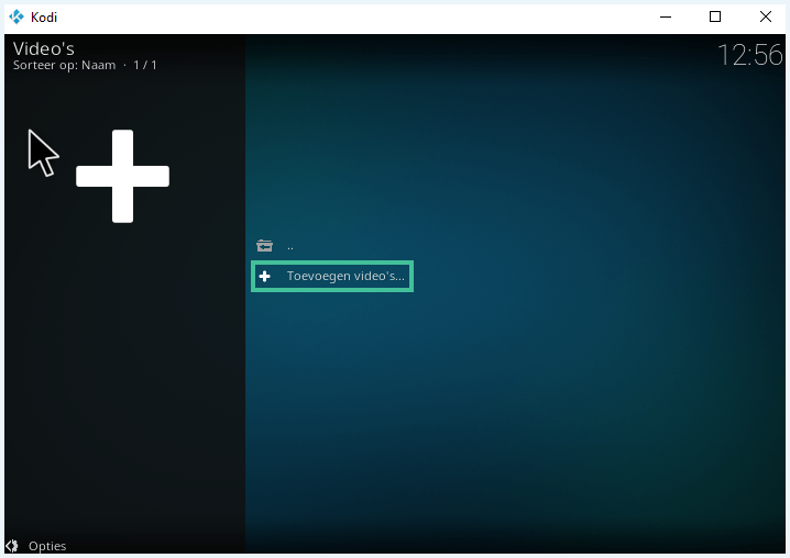 Kodi-menu met de optie 'Toevoegen video's' uitgelicht.