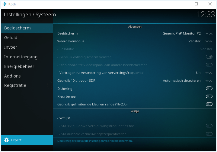 Kodi-menu met de systeeminstellingen voor het beeldscherm. op expert-niveau.