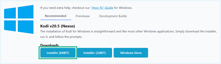 Download opties voor Kodi voor Windows met 'Installer (64BIT)' uitgelicht