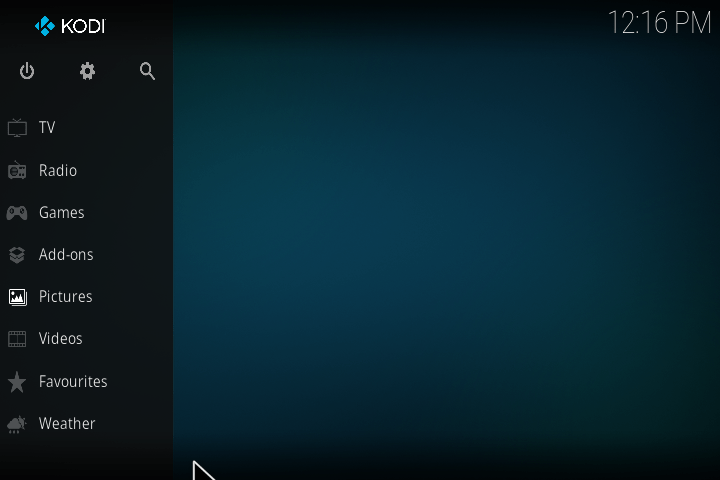 Kodi hoofdmenu in het Engels
