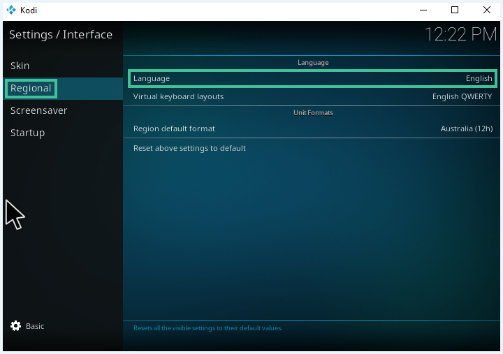 Kodi-instellingen voor het interface met de opties 'Regional' en 'Language' uitgelicht.