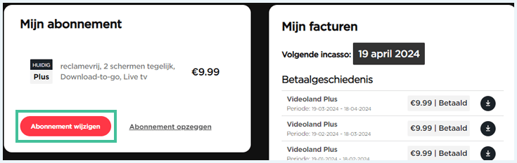 Linksonder ''Mijn abonnement'' op ''Abonnement wijzigen'' op Videoland