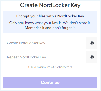 Menu om een NordLocker Key aan te maken. Dit is je hoofdwachtwoord.