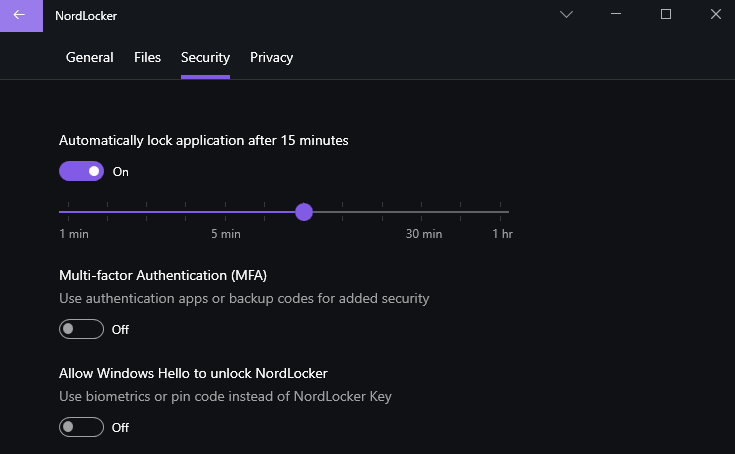 Instellingen van NordLocker met keuze voor vergrendelingstijd, MFA en Windows Hello
