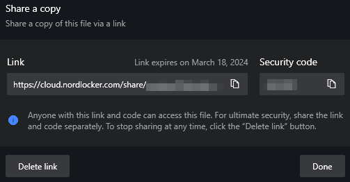 Pop-up scherm om een kopie van een bestand te delen via link en beveiligingscode