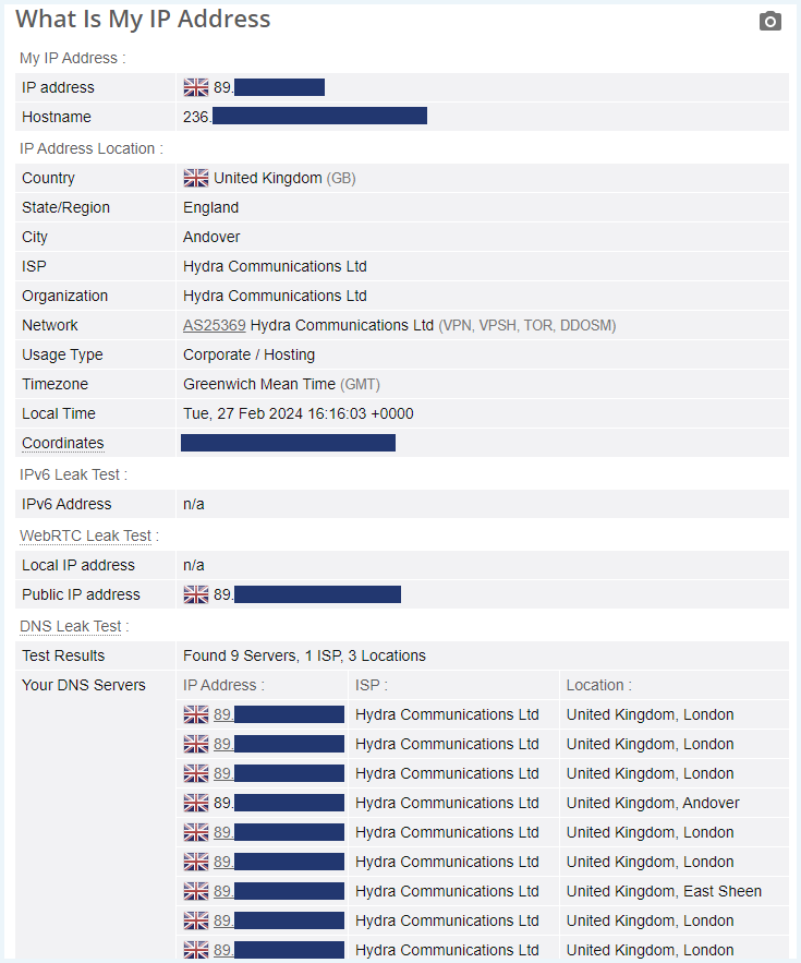 Screenshot van de resultaten van een DNS-lektest verbonden met een Engelse server op 27 februari 2024