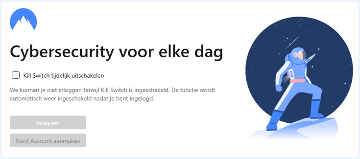Scherm van NordVPN om de kill switch tijdelijk uit te schakelen om in te kunnen loggen.