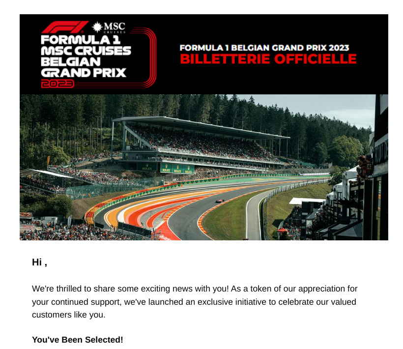 Phishingmail van de F1 Grand Prix race op het circuit van Spa-Francorchamps