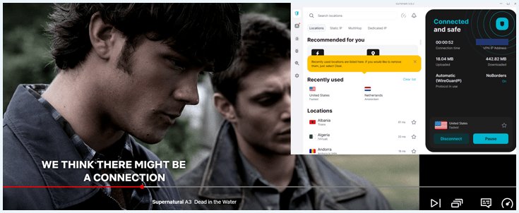 Surfshark VPN verbonden tijdens Netflix streaming